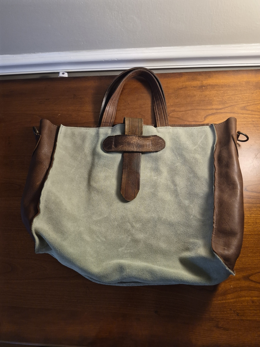 Mcfadin Canvas & Leather Tote Bag in Light Green and Brown Handmade In TEXAS